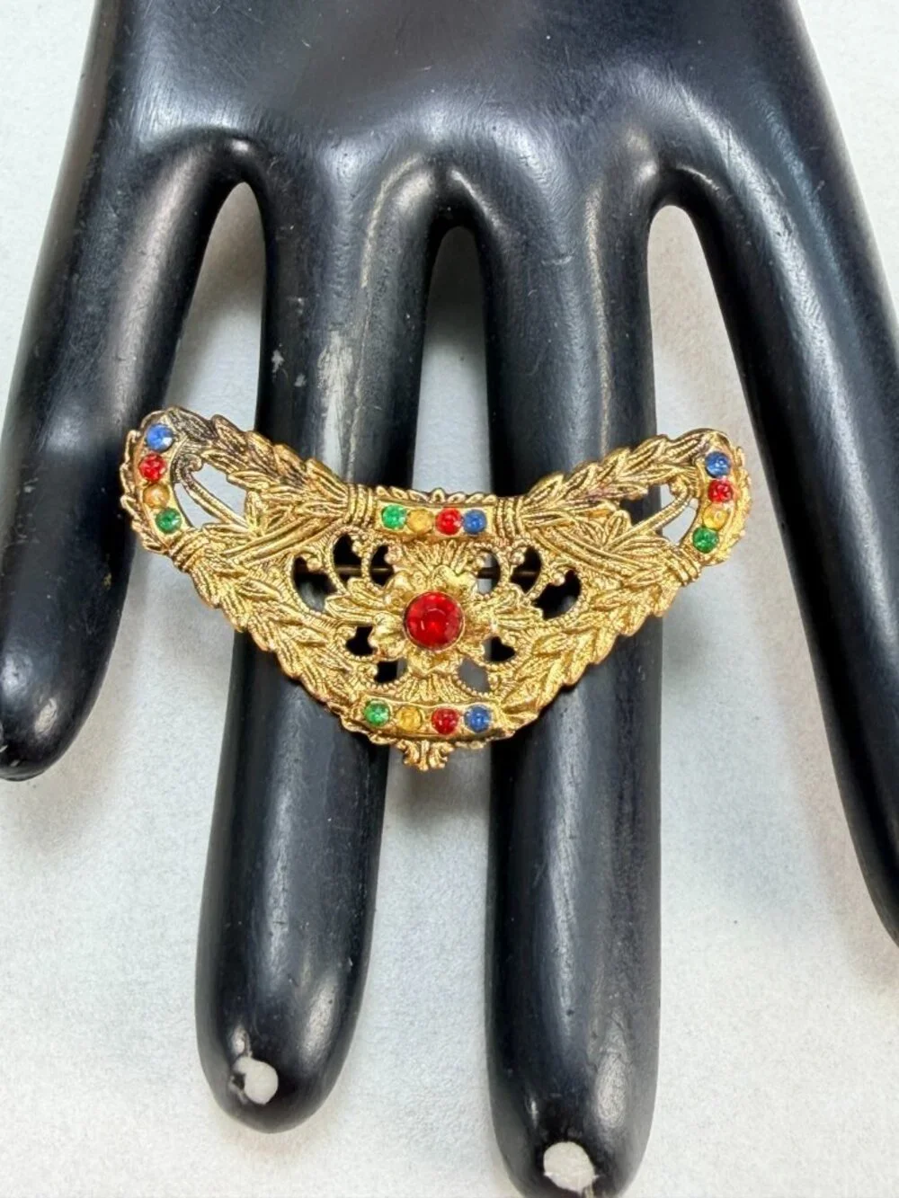 Vintage Gold Tone Filigree Multicolor Rhinestone Brooch Victorian Revival Pin